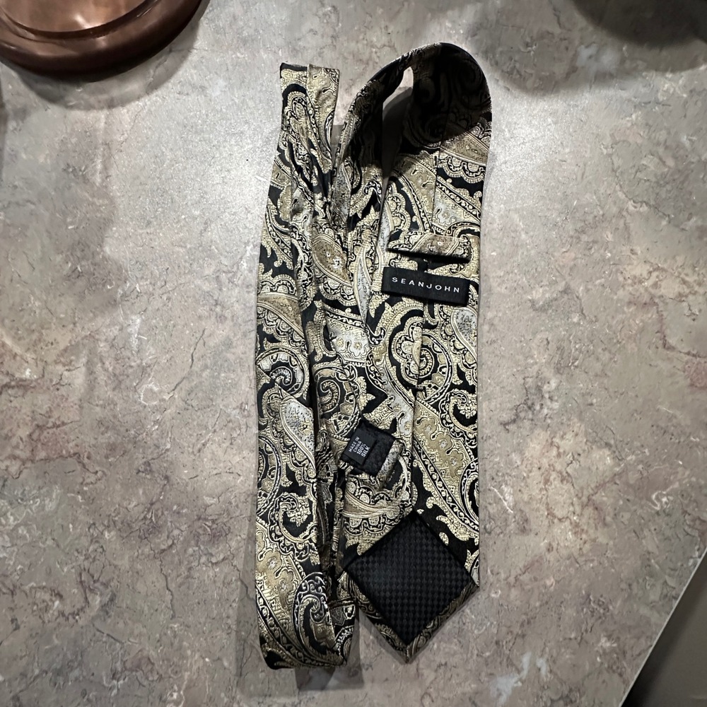 Sean John Mens Silk Tie Gold Black Paisley Jacquard Formal Wedding Necktie - Picture 5 of 6
